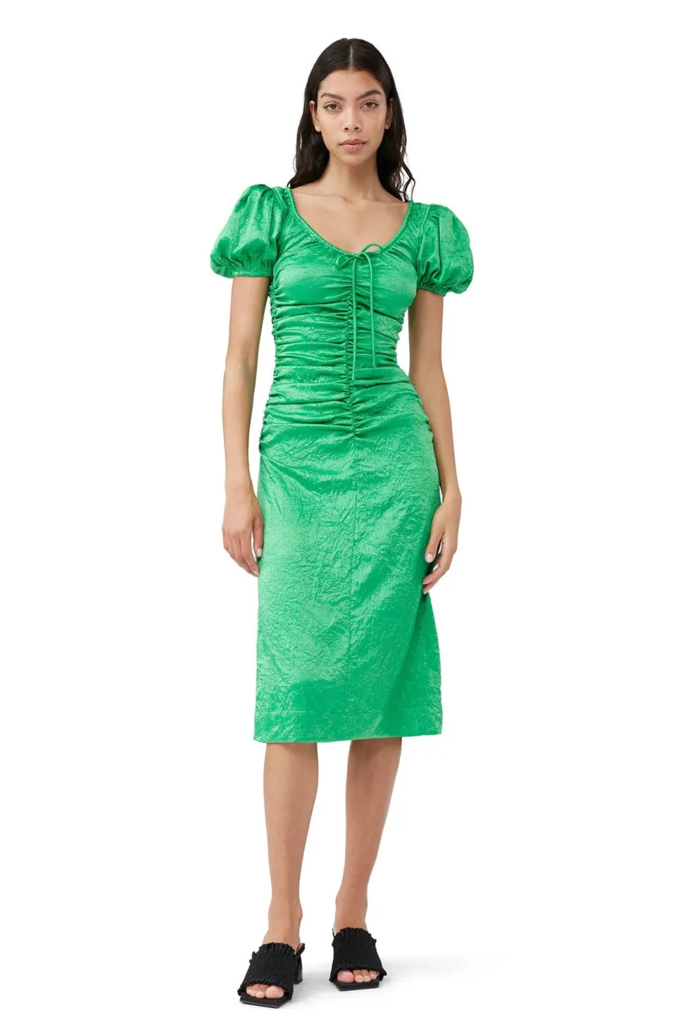 Ganni - Crinkled Satin Gathered U-neck Midi Dress