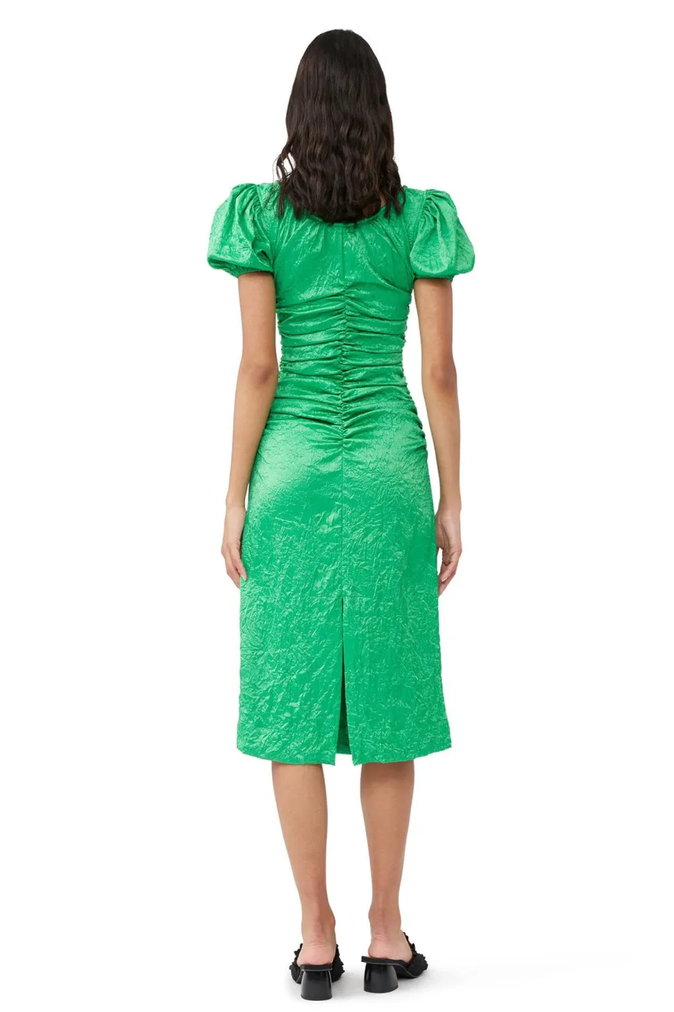 Ganni - Crinkled Satin Gathered U-neck Midi Dress