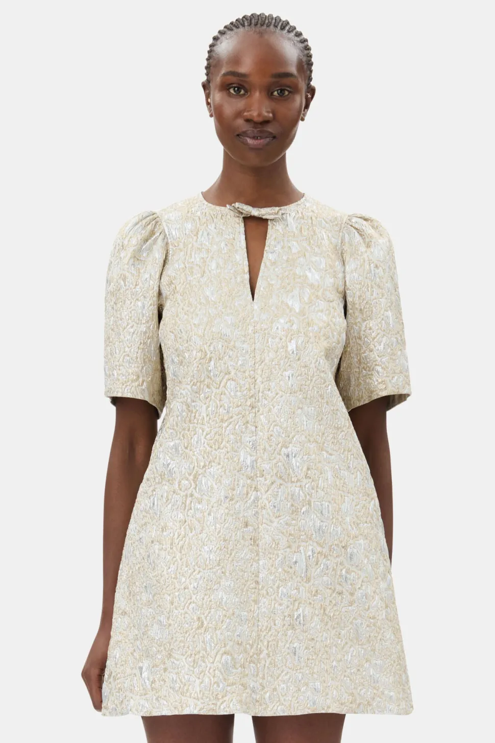Ganni - Metallic Cloque A-Shape Mini Dress