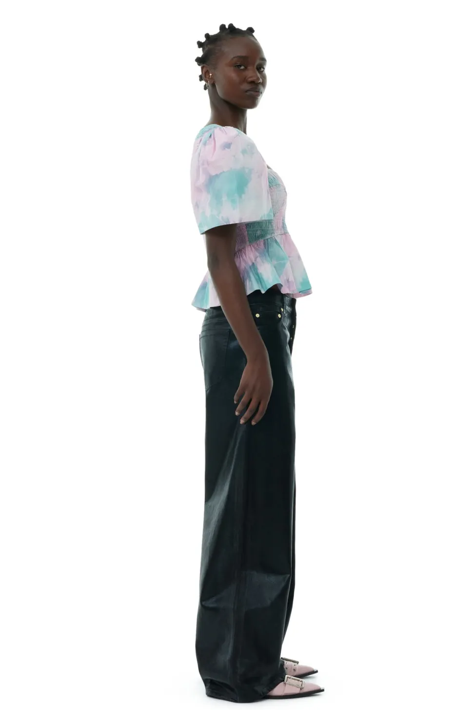 Ganni - Printed Cotton Open-Neck Smock Blouse
