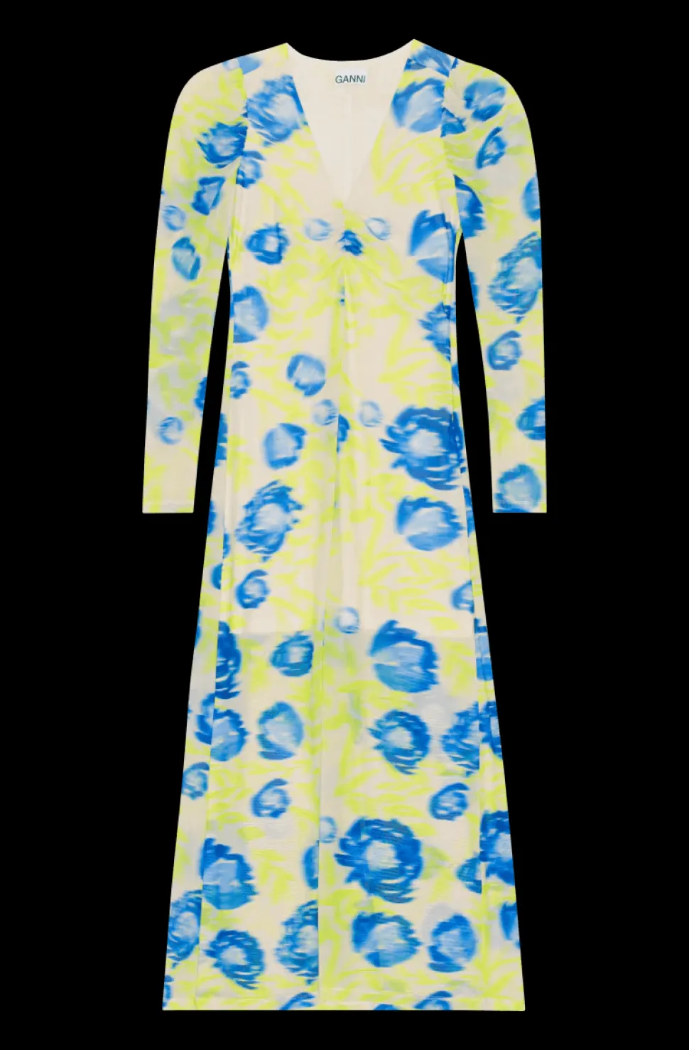 Ganni - Printed Mesh V-neck Long Dress