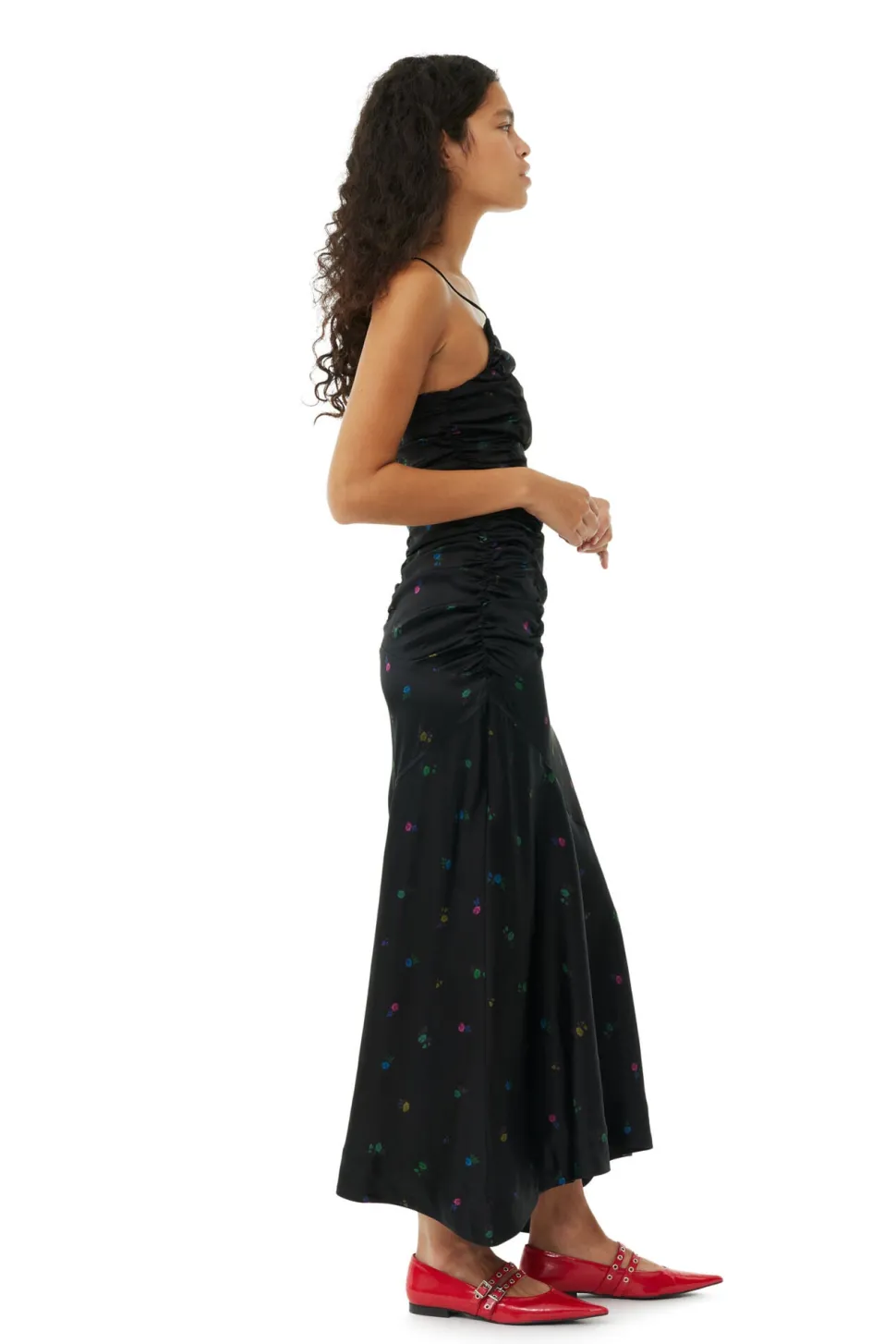 Ganni - Printed Satin Ruched Long Slip Dress