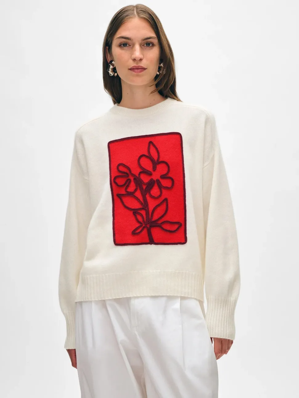 White and Warren White + Warren - Cashmere Floral Applique Crewneck