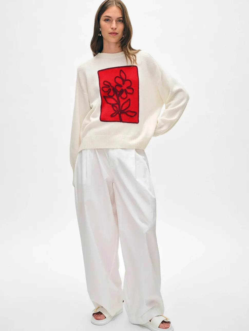 White and Warren White + Warren - Cashmere Floral Applique Crewneck