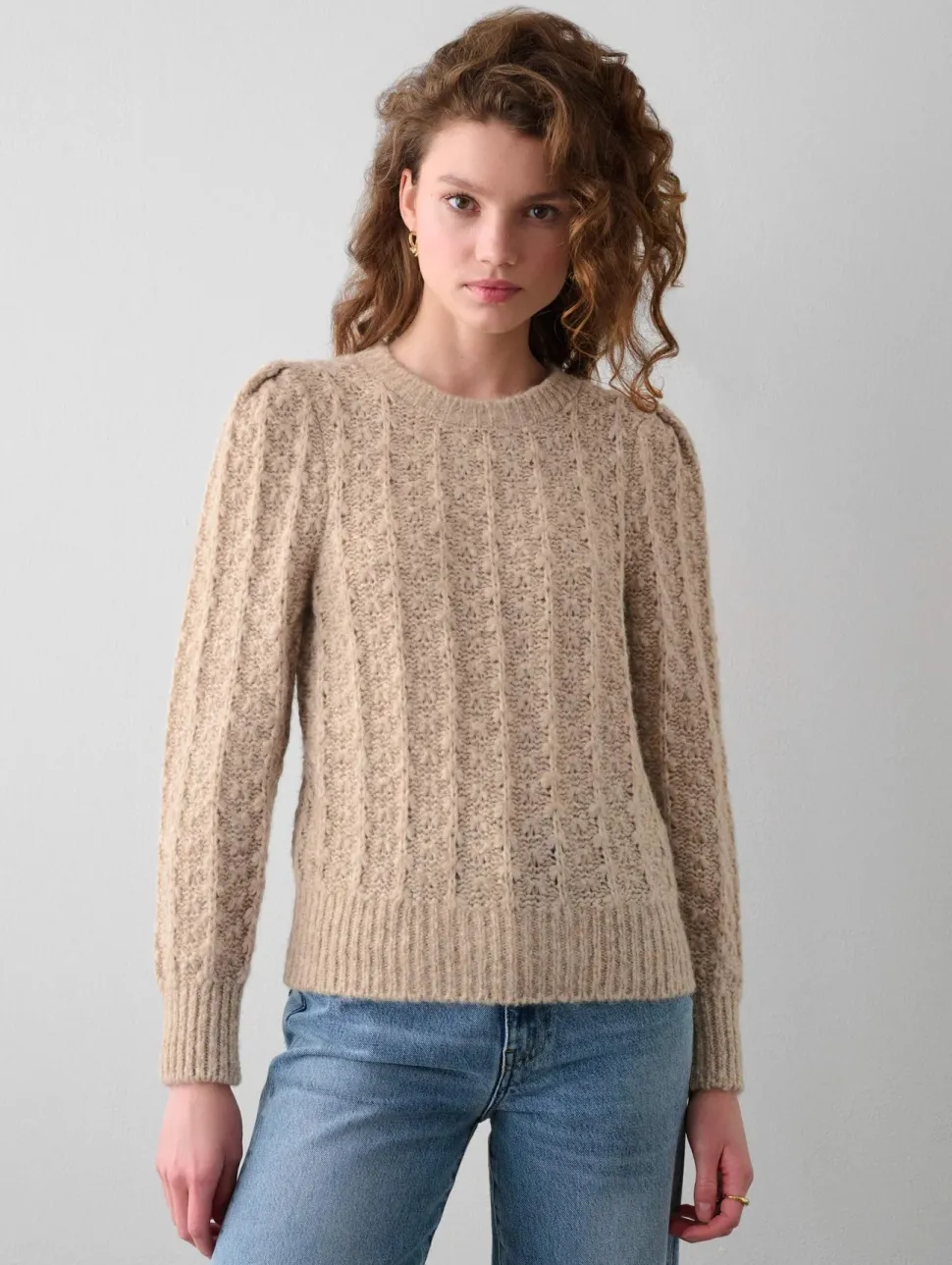 White and Warren White+Warren - Plush alpaca blend pointelle puff sleeve crewneck